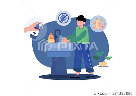 Boy sanitizes his hands illustration concept Boy sanitizes his hands illustration concept 124355886