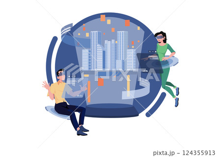 Couple working with 3D city model in the metaverse 124355913