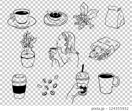 Stock Illustration: Person A woman drinking coffee and relaxing, cafe items Stock Illustration: Person A woman drinking coffee and relaxing, cafe items 124355932