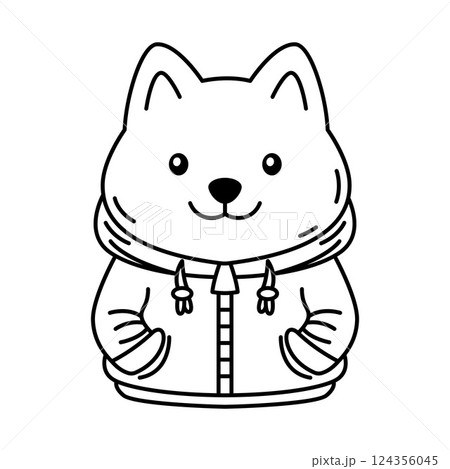 Adorable Happy Puppy Little Dog Pet Animal Cartoon Character Wearing Jacket in Line Art Design 124356045