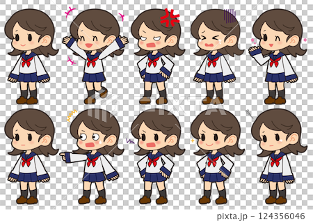 女子学生表情セット 124356046
