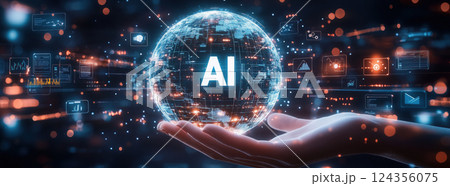 glowing digital sphere with AI text, surrounded by futuristic icons, rests on hand 124356075