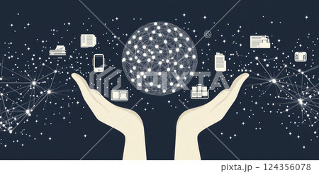 digital illustration of hands holding glowing AI sphere surrounded by data icons 124356078