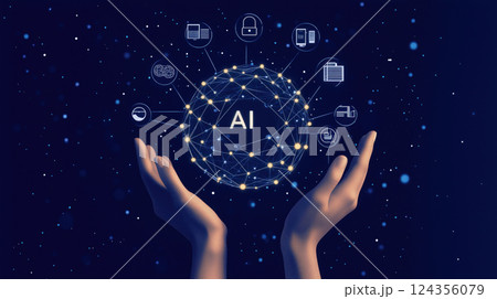 digital illustration of hands holding AI sphere with glowing network connections digital illustration of hands holding AI sphere with glowing network connections 124356079