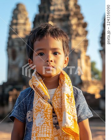 young Cambodian boy with yellow scarf stands confidently in front of ancient temple ruins 124356090