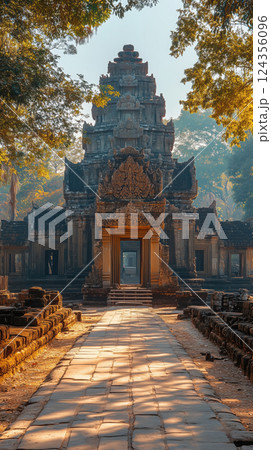 Ancient temple surrounded by trees, illuminated by soft sunlight, creating serene atmosphere 124356096
