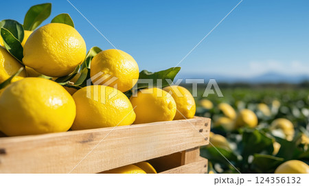 Bright yellow lemons in wooden crate, set in lush Tuscany garden under clear blue sky 124356132