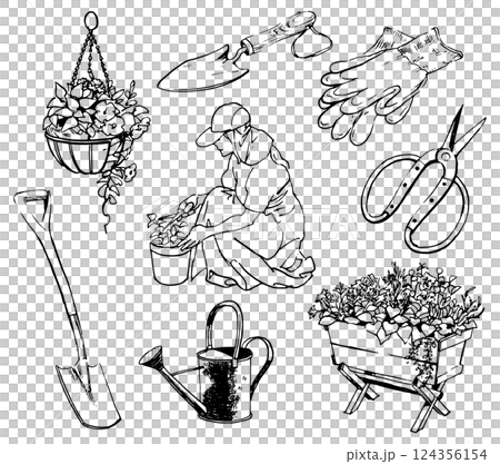 イラスト素材: 人物 ガーデニングを楽しむ女性、植物や園芸のアイテム 124356154