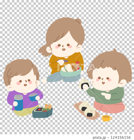 Linear illustration of three children eating lunch Linear illustration of three children eating lunch 124356156