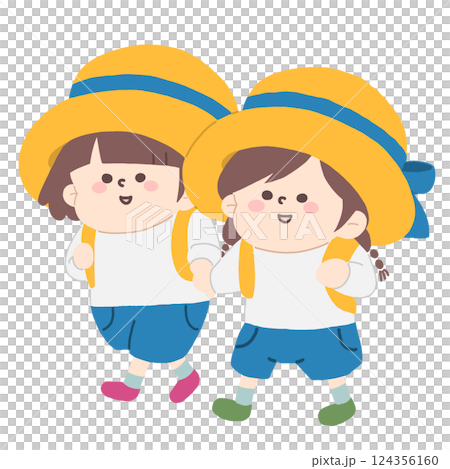 A line-less illustration of kindergarteners wearing hats, carrying backpacks and walking together holding hands 124356160