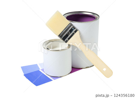 Two cans with a brush and paint swatches, isolated on white, PNG 124356180