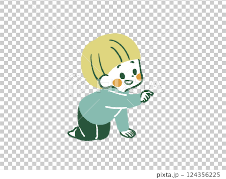 笑顔で何かを触る動作をしている男の子-4色 124356225