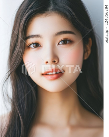 美しい女性のポートレート、自然光の中で微笑む魅力的な表情 124356294