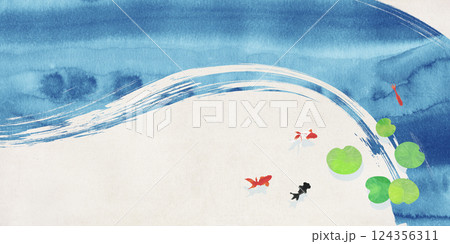 和風な背景 筆の躍動感 藍色の筆跡と金魚 和風な背景 筆の躍動感 藍色の筆跡と金魚 124356311