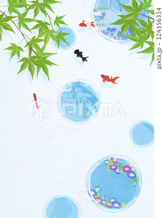 和紙の風合いを感じるイラスト　金魚と青紅葉　 124356314