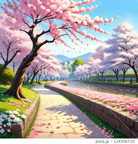 満開の桜が咲く川沿いの道 124356710