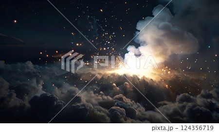 ゲーム背景　宇宙誕生時の雲から炎が湧き出る銀河系風景イメージ画像 124356719