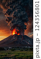Majestic Lava Flow During Powerful Volcanic Eruption at Sunset captivating scene of an active volcanic eruption, showcasing molten lava, smoke plumes 124356801