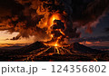 Majestic Lava Flow During Powerful Volcanic Eruption at Sunset captivating scene of an active volcanic eruption, showcasing molten lava, smoke plumes 124356802
