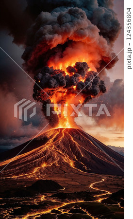 Majestic Lava Flow During Powerful Volcanic Eruption at Sunset captivating scene of an active volcanic eruption, showcasing molten lava, smoke plumes 124356804