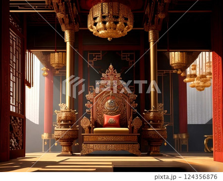 ゲーム背景　中国歴史ファンタジー王の間と王の玉座がある室内風景 124356876