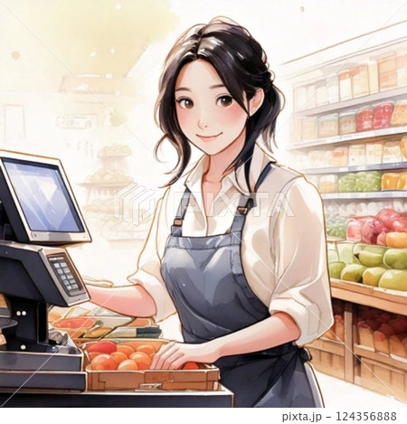 スーパーで品出しをする女性のイラスト 124356888