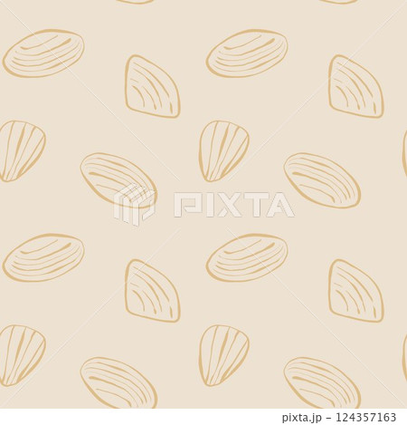 Hand drawn sea shells scallop beige yellow sandy seamless pattern in doodle sketchy style on white background. Line art sea shell vector background Hand drawn sea shells scallop beige yellow sandy seamless pattern in doodle sketchy style on white background. Line art sea shell vector background 124357163