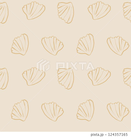 Hand drawn sea shells scallop beige yellow sandy seamless pattern in doodle sketchy style on white background. Line art sea shell vector background 124357165