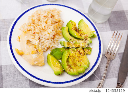 Healthy dinner of basmati rice with chicken breast and avocado Healthy dinner of basmati rice with chicken breast and avocado 124358129