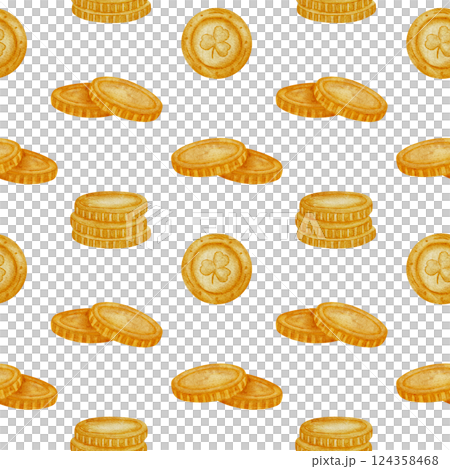 Hand drawn watercolor seamless pattern with gold coins. Realistic style, warm golden tones. Perfect for St Patrick's Day, games, treasure themes, prints, stickers, greeting cards, scrapbooking, decor. Hand drawn watercolor seamless pattern with gold coins. Realistic style, warm golden tones. Perfect for St Patrick's Day, games, treasure themes, prints, stickers, greeting cards, scrapbooking, decor. 124358468