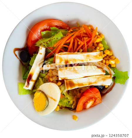 Salad of fresh tomatoes with cheese and eggs 124358707