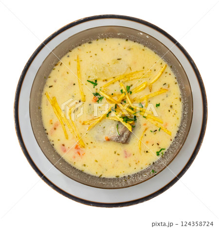Bowl of creamy peanut soup sopa de mani with beef Bowl of creamy peanut soup sopa de mani with beef 124358724