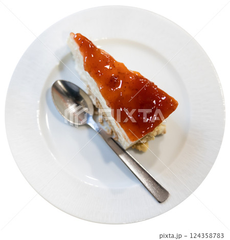 Piece of strawberry cheesecake served for dessert Piece of strawberry cheesecake served for dessert 124358783