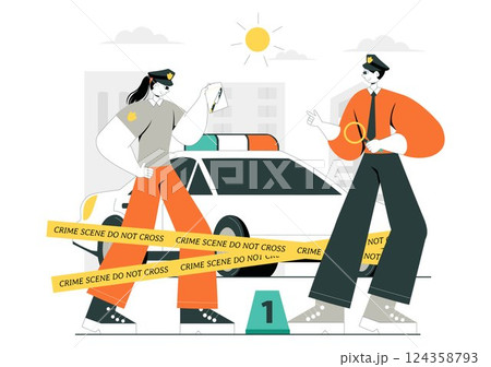 Crime Scene Investigation Illustration Featuring a Team of Investigators Collecting Crime Evidence and Examining a Victim's Death Incident Crime Scene Investigation Illustration Featuring a Team of Investigators Collecting Crime Evidence and Examining a Victim's Death Incident 124358793
