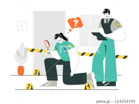 Crime Scene Investigation Illustration Featuring a Team of Investigators Collecting Crime Evidence and Examining a Victim's Death Incident Crime Scene Investigation Illustration Featuring a Team of Investigators Collecting Crime Evidence and Examining a Victim's Death Incident 124358795