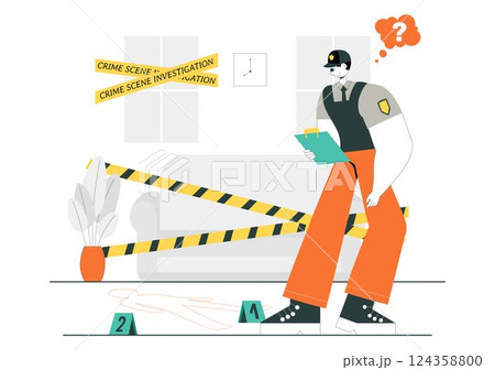 Crime Scene Investigation Illustration Featuring a Team of Investigators Collecting Crime Evidence and Examining a Victim's Death Incident 124358800