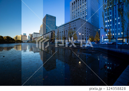 黄色に色づいた銀杏並木の日比谷通りの日没【6分割表示】 黄色に色づいた銀杏並木の日比谷通りの日没【6分割表示】 124358828