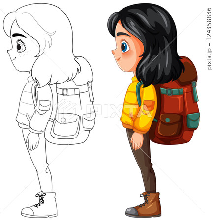 Adventurous Girl with Backpack Illustration Adventurous Girl with Backpack Illustration 124358836