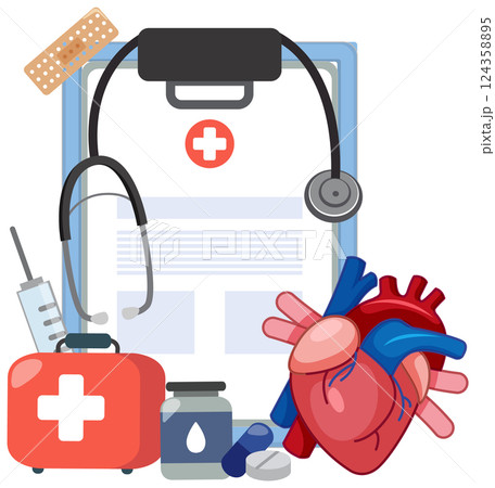 Healthcare Essentials and Heart Health Illustration Healthcare Essentials and Heart Health Illustration 124358895