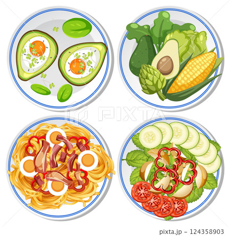 Colorful Vector Illustration of Diverse Food Plates 124358903