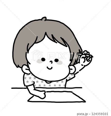 鉛筆を持った手を高く上げてお絵描きを始めようとしている男の子のカラーイラスト 124359101