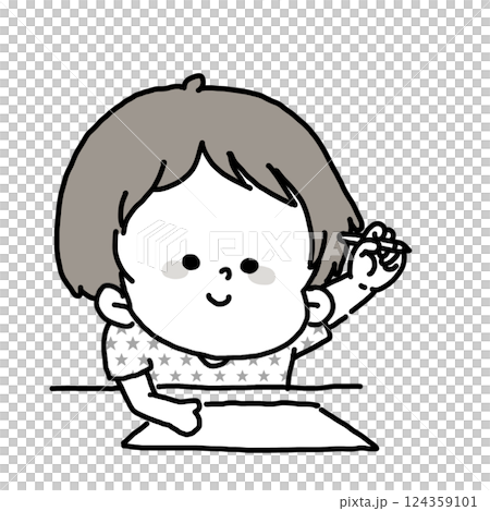 鉛筆を持った手を高く上げてお絵描きを始めようとしている男の子のカラーイラスト 124359101