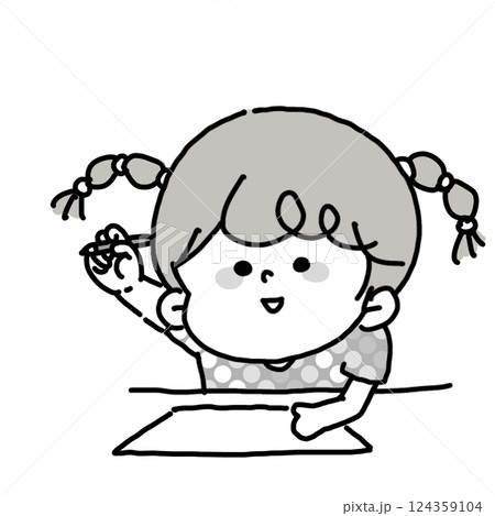 鉛筆を持った手を高く上げてお勉強を始めようとしている女の子のモノクロイラスト 124359104