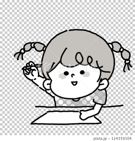 鉛筆を持った手を高く上げてお勉強を始めようとしている女の子のモノクロイラスト 124359104