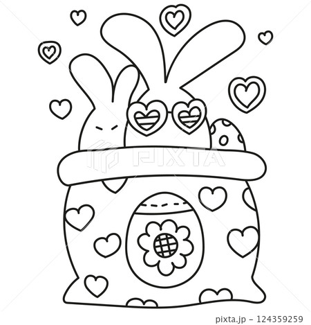 boho groovy easter Two playful bunnies in a heart-decorated basket. in doodle line style 124359259