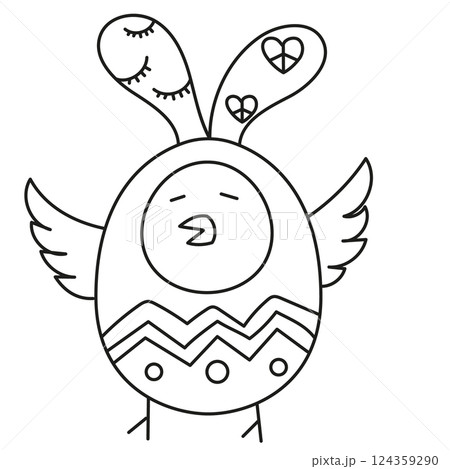 boho groovy easter Cute cartoon bird with wings and decorative patterns. in doodle line style boho groovy easter Cute cartoon bird with wings and decorative patterns. in doodle line style 124359290