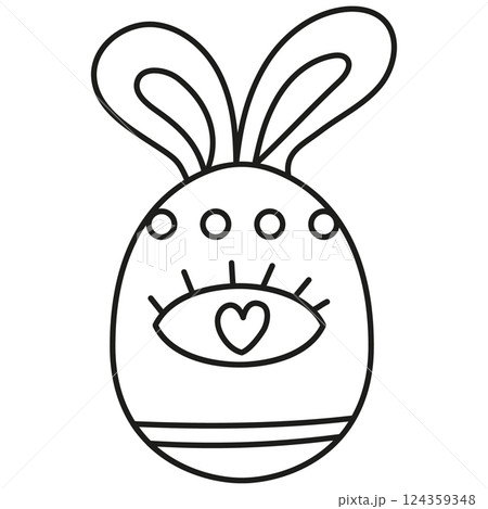 boho groovy easter Decorative egg with bunny ears and playful facial features. in doodle line style 124359348