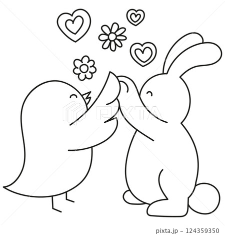boho groovy easter Cute bird and bunny exchanging flowers and hearts. in doodle line style boho groovy easter Cute bird and bunny exchanging flowers and hearts. in doodle line style 124359350