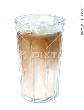 グラスに入ったアイスカフェラテの水彩イラスト グラスに入ったアイスカフェラテの水彩イラスト 124359366