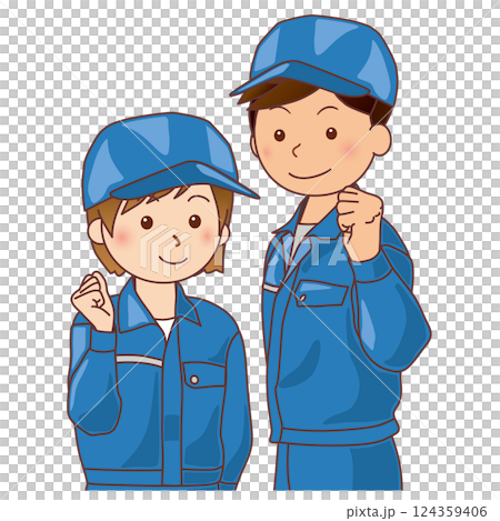 Men and women in work clothes posing in a fist pump 124359406